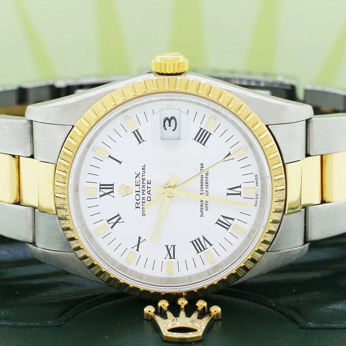 Rolex Oyster Perpetual Date 2-Tone 18K Yellow Gold/Stainless Steel 34MM Factory White Roman Dial Watch 15223 - Image 2