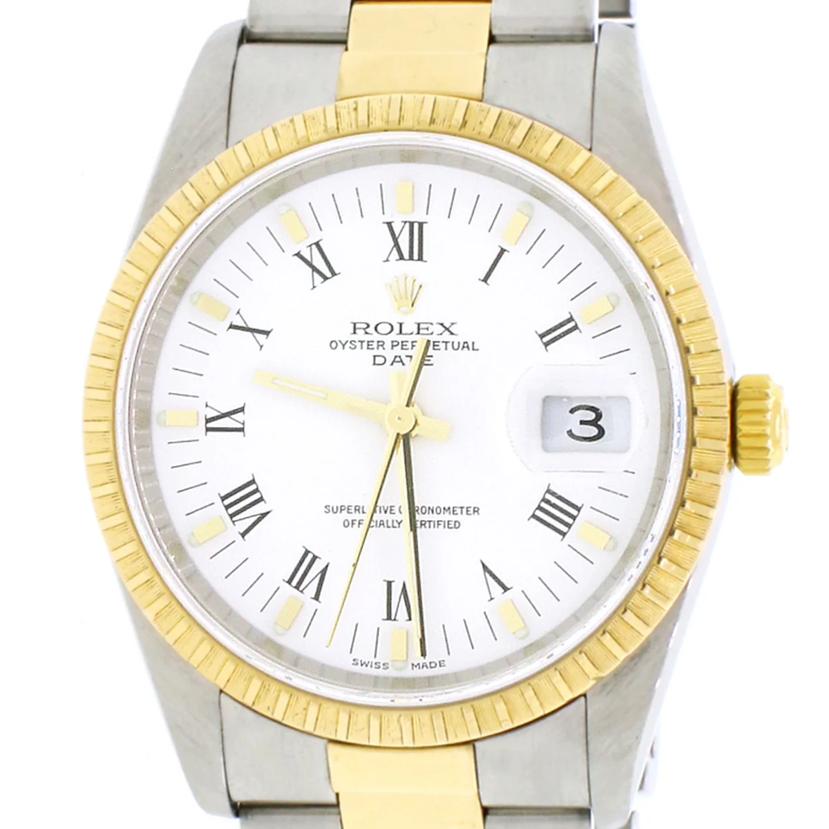 Rolex Oyster Perpetual Date 2-Tone 18K Yellow Gold/Stainless Steel 34MM Factory White Roman Dial Watch 15223 - Image 4