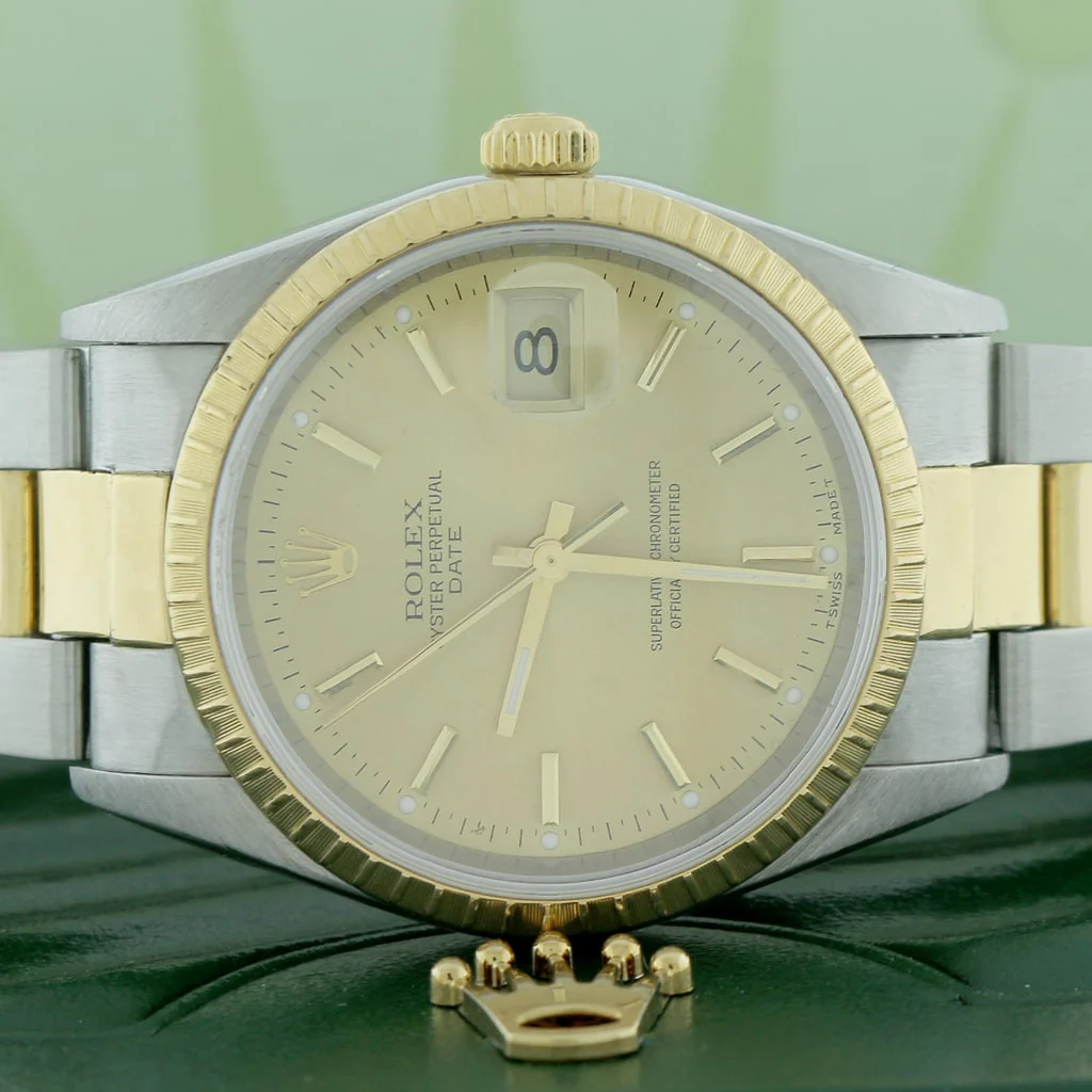 Rolex Oyster Perpetual Date 2-Tone 18K Yellow Gold/Stainless Steel 34MM Champagne Stick Dial Watch 15223 - Image 2