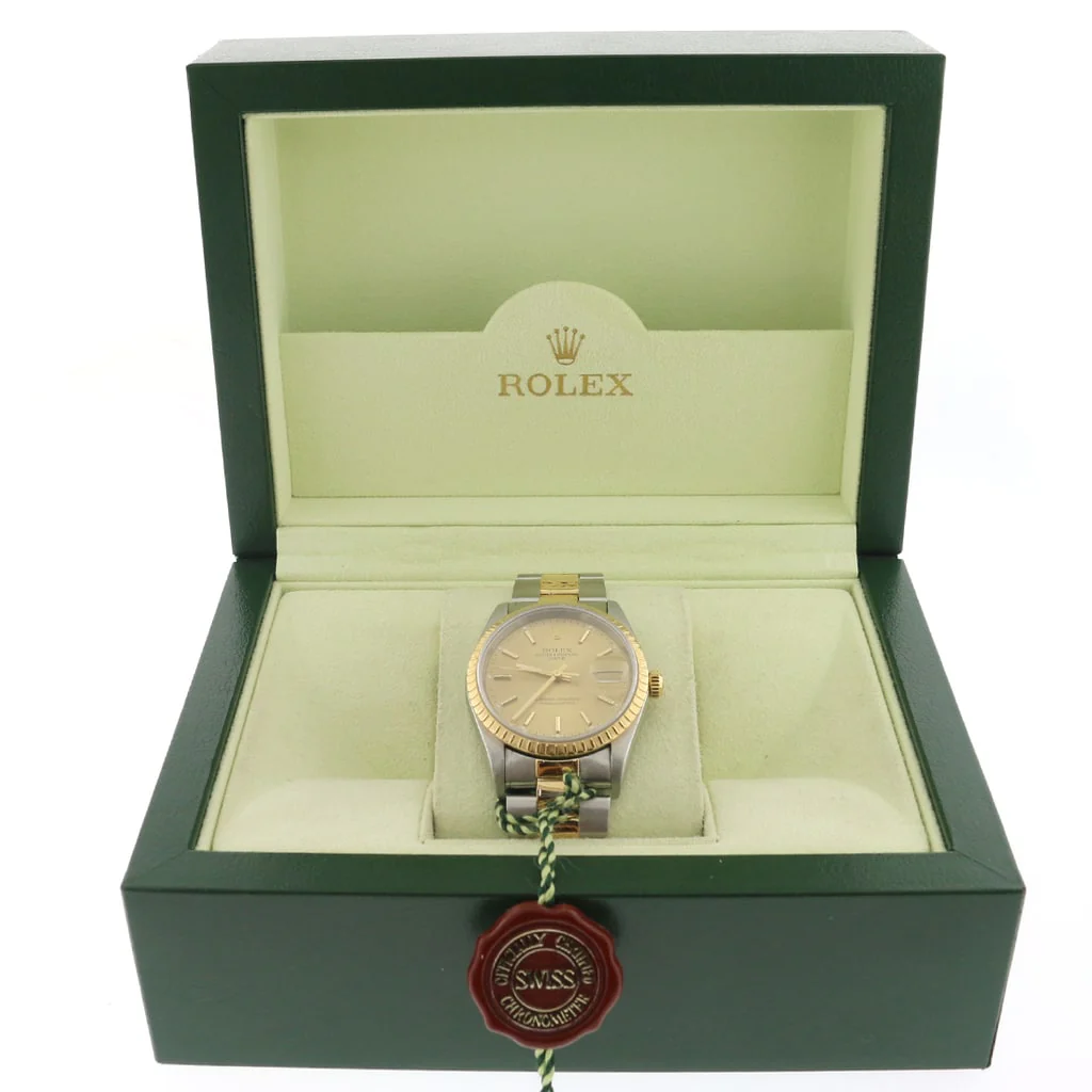 Rolex Oyster Perpetual Date 2-Tone 18K Yellow Gold/Stainless Steel 34MM Champagne Stick Dial Watch 15223 - Image 3