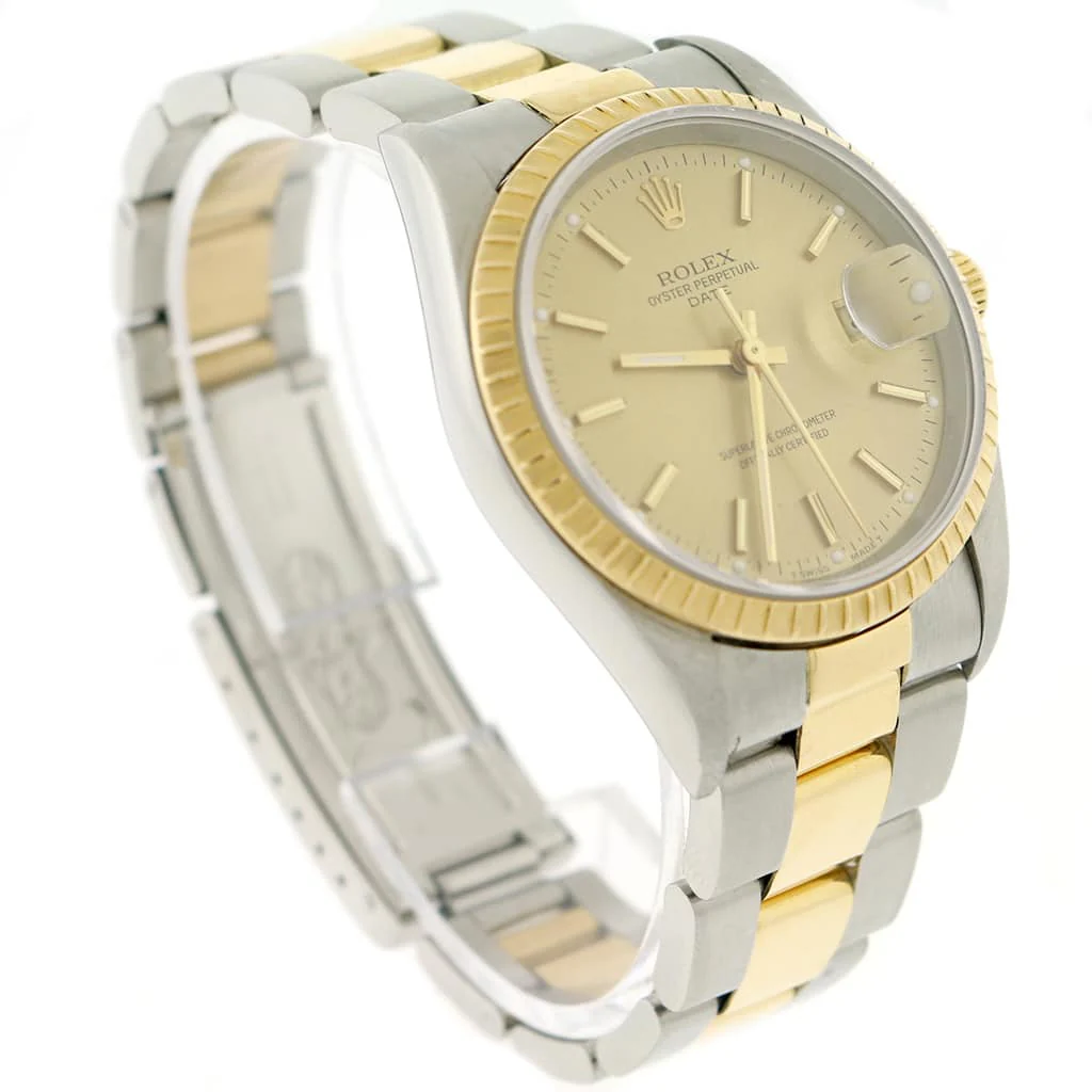 Rolex Oyster Perpetual Date 2-Tone 18K Yellow Gold/Stainless Steel 34MM Champagne Stick Dial Watch 15223 - Image 4