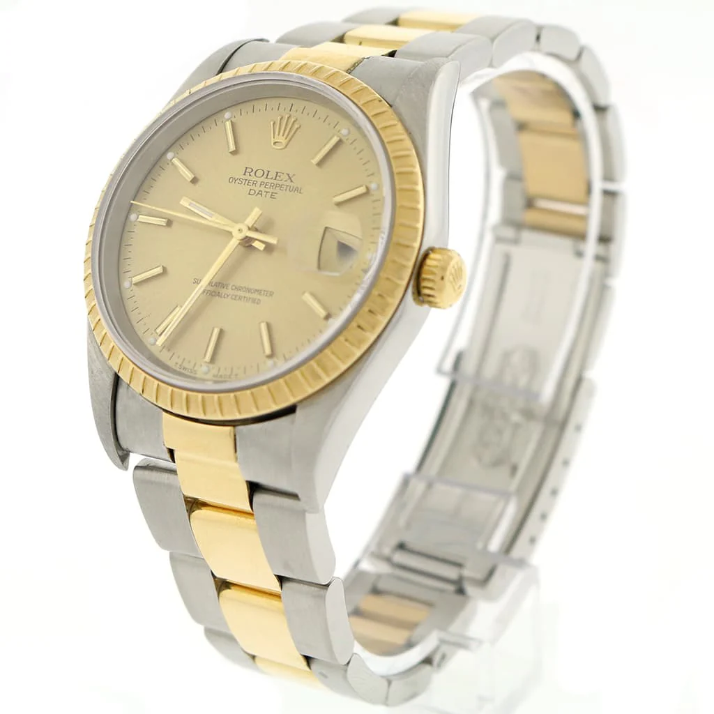 Rolex Oyster Perpetual Date 2-Tone 18K Yellow Gold/Stainless Steel 34MM Champagne Stick Dial Watch 15223 - Image 5