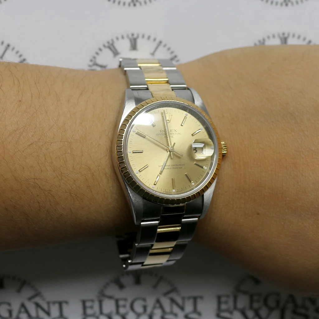 Rolex Oyster Perpetual Date 2-Tone 18K Yellow Gold/Stainless Steel 34MM Champagne Stick Dial Watch 15223 - Image 6