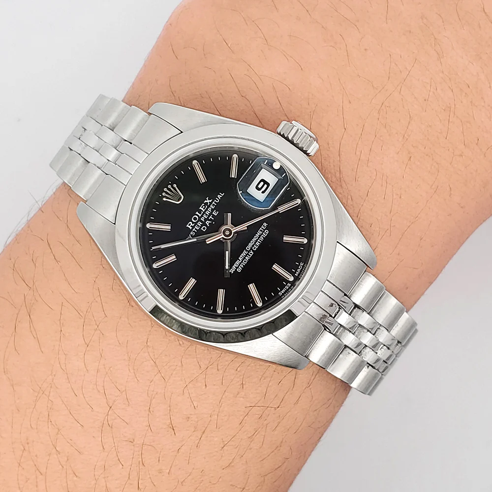 Rolex Oyster Perpetual Date 26mm 79160 Smooth Bezel Black Dial lady Stainless Steel Watch