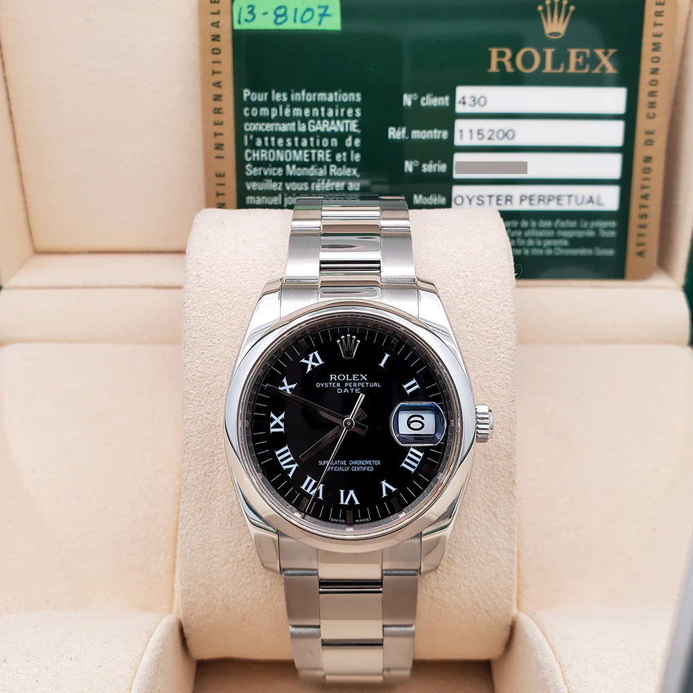 Rolex Oyster Perpetual Date 34mm 115200 Black Roman Dial Steel Oyster Watch Box Papers - Image 2
