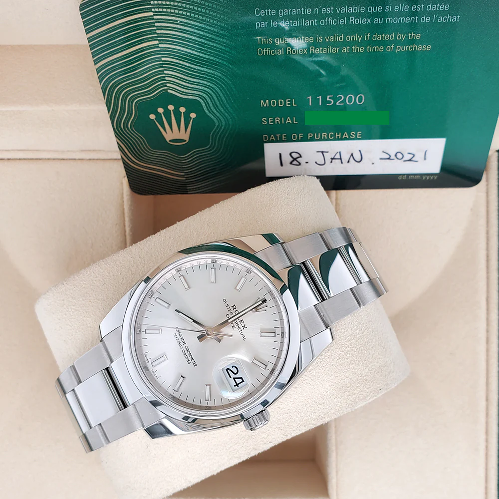 Rolex Oyster Perpetual Date 34mm 115200 Silver Dial Stainless Steel Oyster Watch 2021 Box Papers - Image 2