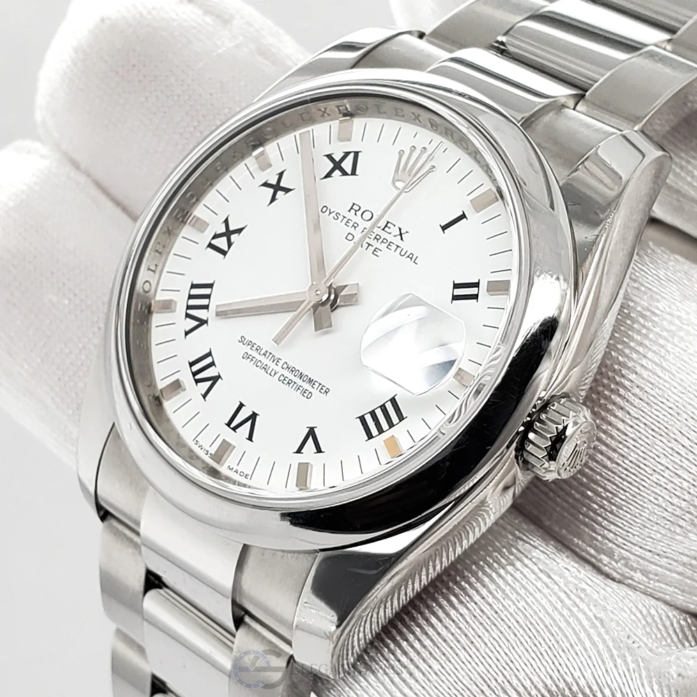 Rolex Oyster Perpetual Date 34mm 115200 White Roman Dial Stainless Steel Oyster Watch 2021 Box Papers