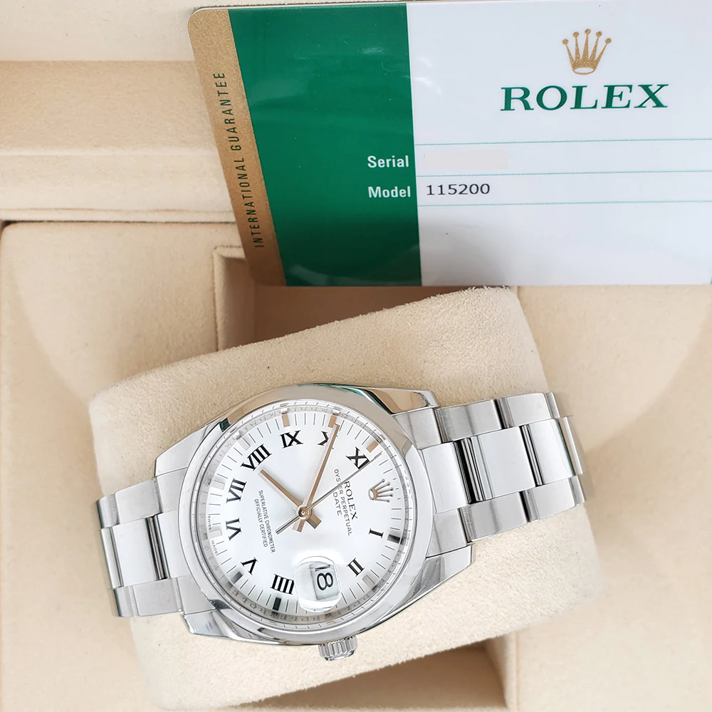 Rolex Oyster Perpetual Date 34mm 115200 White Roman Dial Stainless Steel Oyster Watch 2021 Box Papers - Image 3