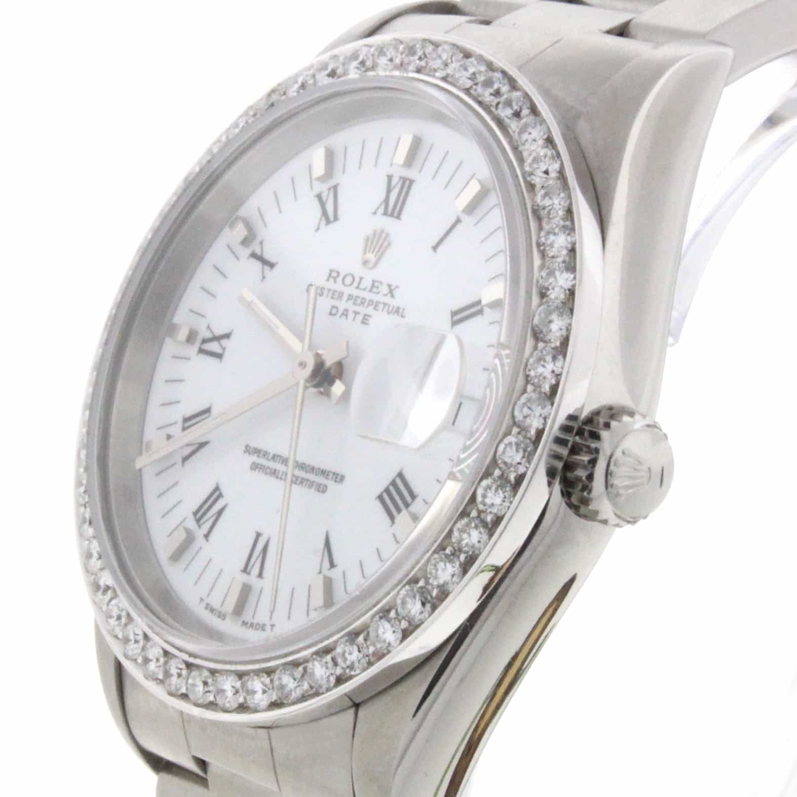Rolex Oyster Perpetual Date 34MM Stainless Steel with Diamond Bezel Watch 15200 - Image 3