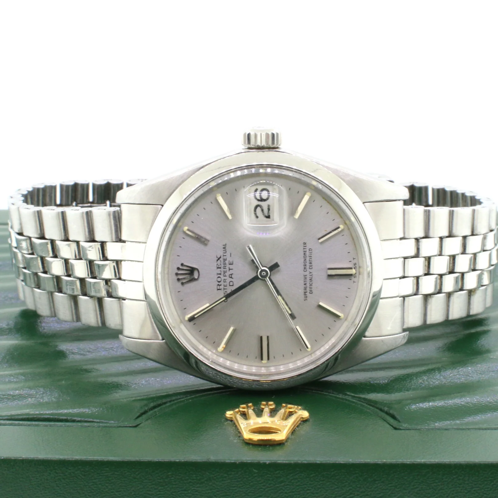 Rolex Oyster Perpetual Date 34mm Silver Index Dial Vintage Jubilee Watch 1500 - Image 2