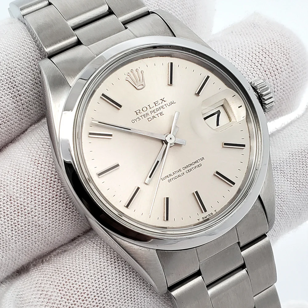 Rolex Oyster Perpetual Date 34mm Silver Index Smooth Bezel Steel Watch 1500 - Image 2