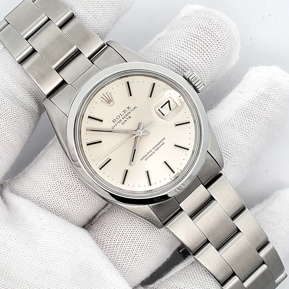 Rolex Oyster Perpetual Date 34mm Silver Index Smooth Bezel Steel Watch 1500 - Image 3