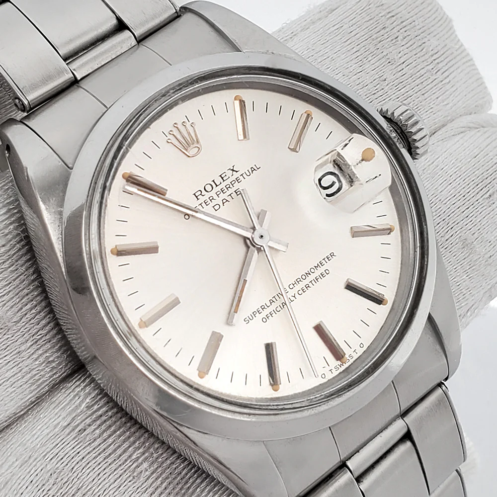 Rolex Oyster Perpetual Date 34mm Silver Index Smooth Bezel Steel Watch 1500 - Image 2