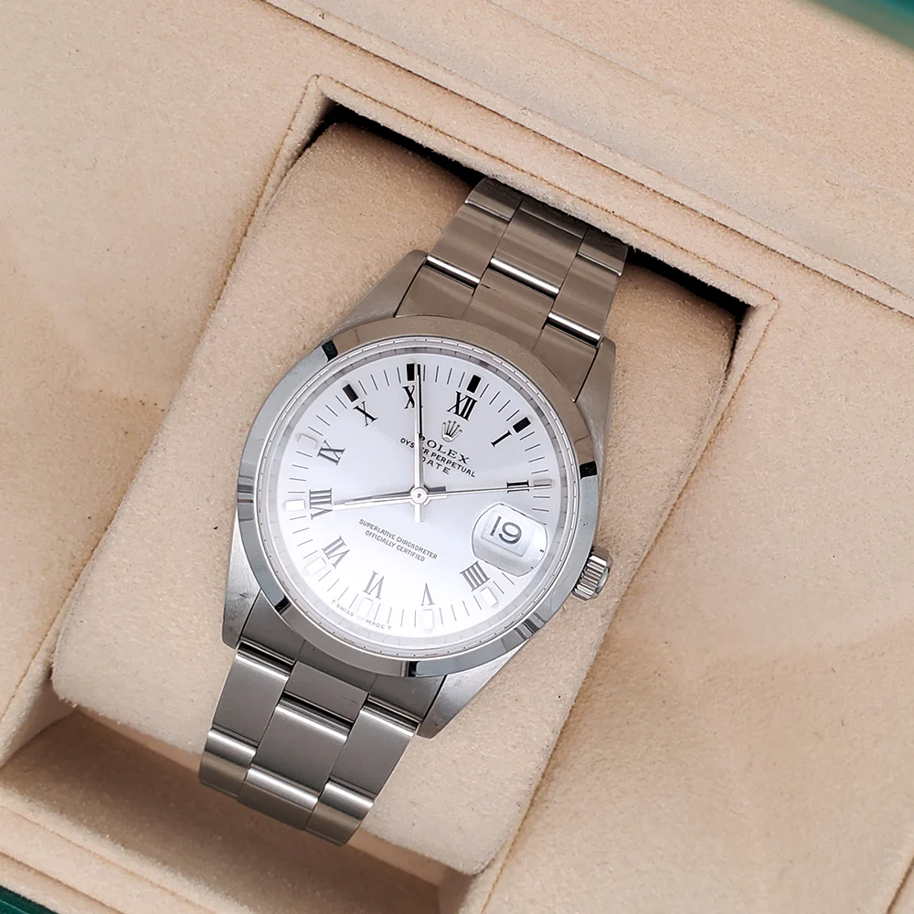 Rolex Oyster Perpetual Date 34mm Stainless Steel Smooth Bezel Watch 15200 - Image 3