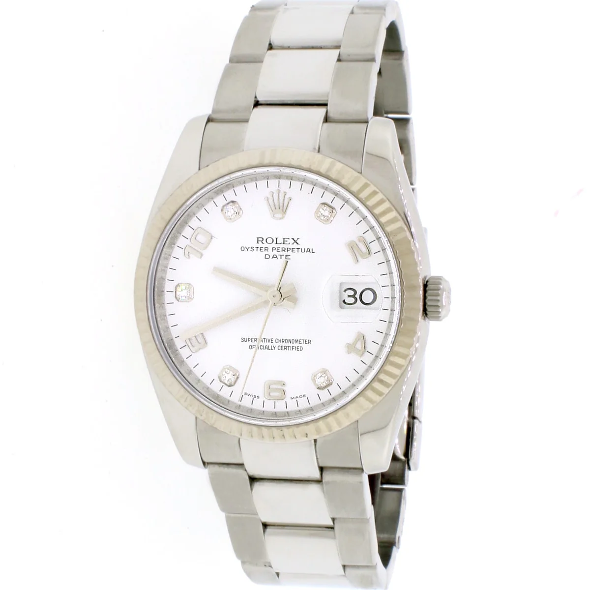 Rolex Oyster Perpetual Date 34mm Stainless with White gold Bezel Rolex White Diamond Dial Automatic Watch 115234