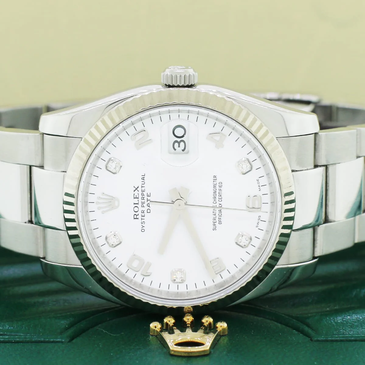 Rolex Oyster Perpetual Date 34mm Stainless with White gold Bezel Rolex White Diamond Dial Automatic Watch 115234 - Image 7