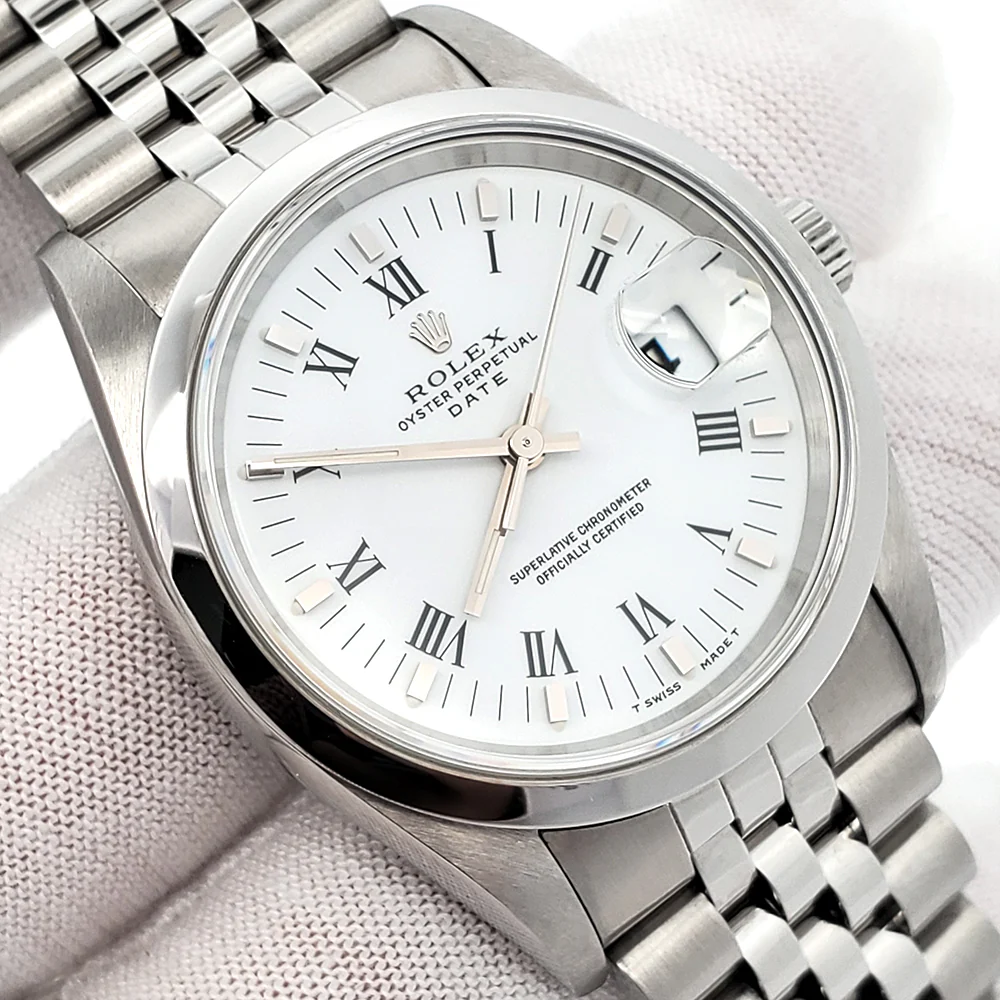 Rolex Oyster Perpetual Date 34mm White Roman Steel Smooth Bezel Jubilee Watch 15200 - Image 2