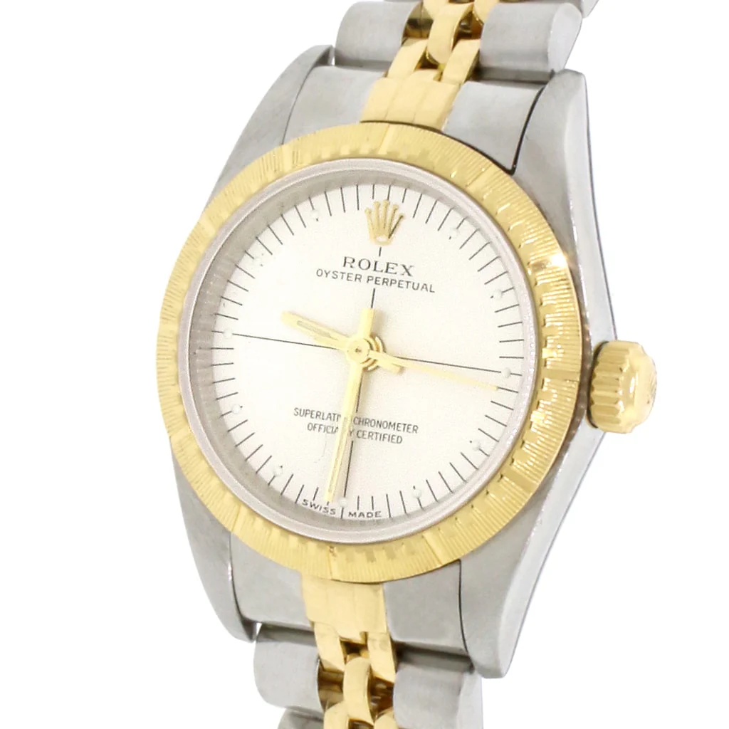 Rolex Oyster Perpetual Ladies 2-Tone 18K Yellow Gold/Stainless Steel Factory Silver Dial Engine Turned Bezel 24MM Jubilee Watch 76243 - Image 3