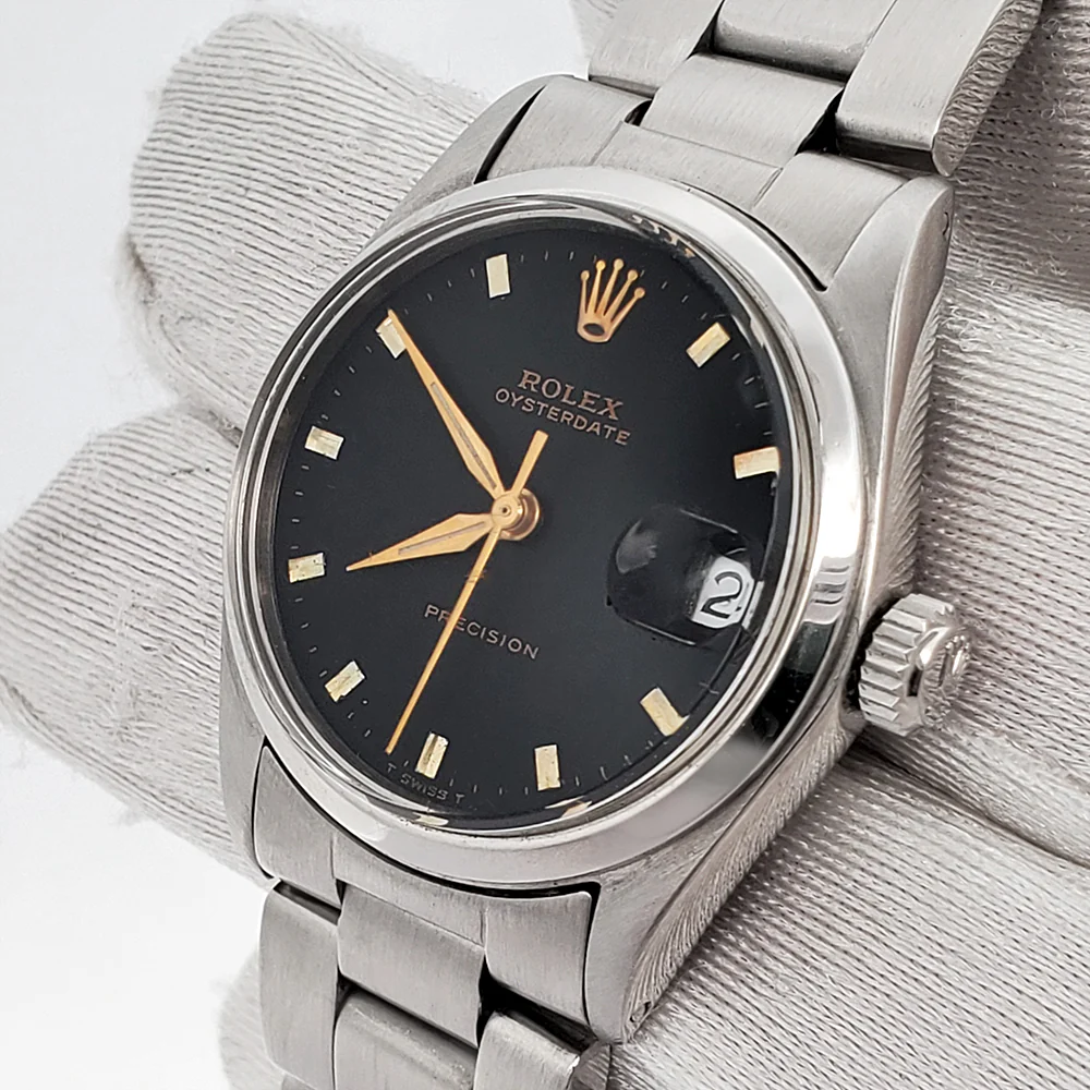 Rolex OysterDate Precision Sword Hands Black Dial 31mm Stainless Steel Watch 6466