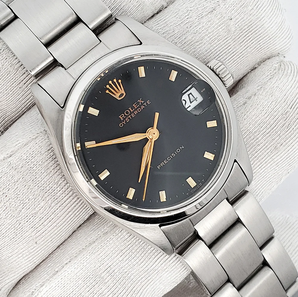 Rolex OysterDate Precision Sword Hands Black Dial 31mm Stainless Steel Watch 6466 - Image 3