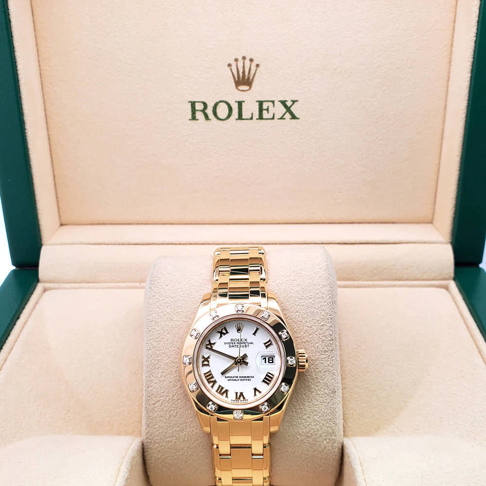 Rolex Pearlmaster Lady-Datejust Factory 12 Diamond Bezel White Roman Dial Yellow Gold 29mm Watch 80318 - Image 3