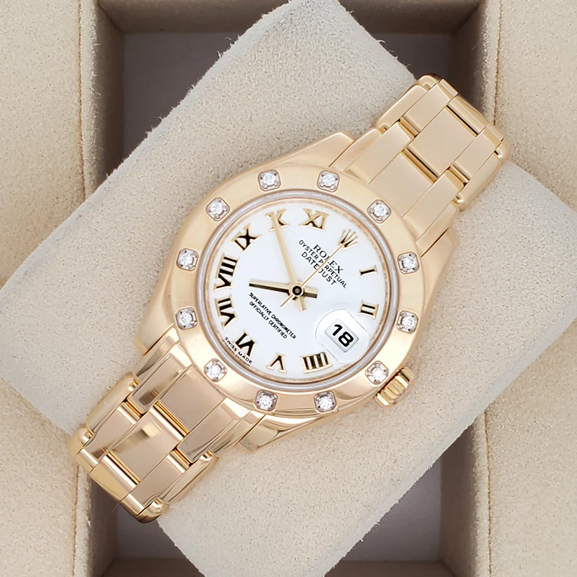 Rolex Pearlmaster Lady-Datejust Factory 12 Diamond Bezel White Roman Dial Yellow Gold 29mm Watch 80318 - Image 4