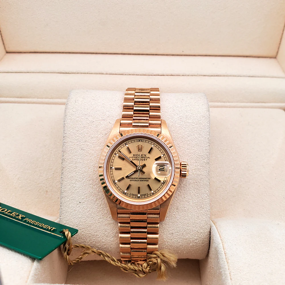 Rolex President 26mm Champagne Index Dial Yellow Gold Fluted Watch 69178 Box Papers - Image 3