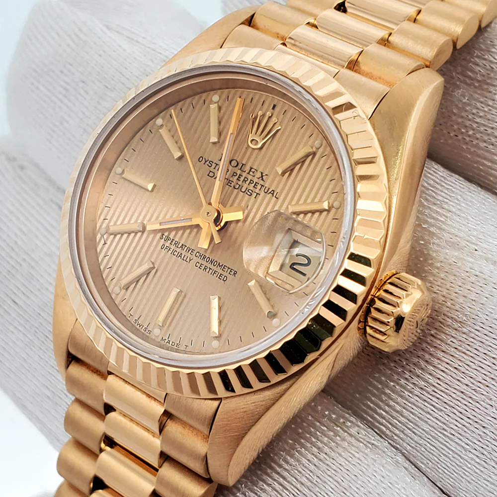 Rolex President 26mm Champagne Tapestry Dial Yellow Gold Watch 69178 Box Papers - Image 2