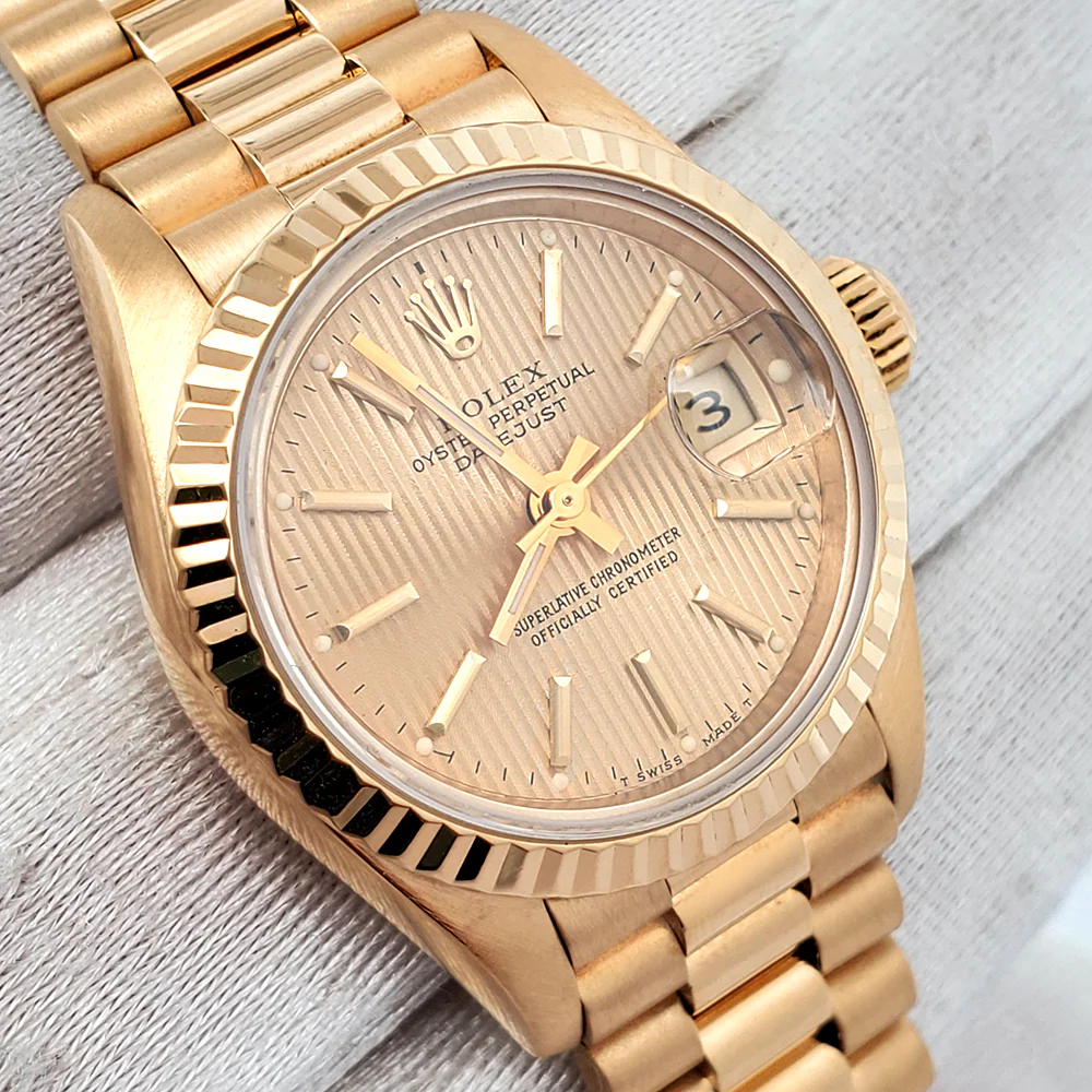 Rolex President 26mm Champagne Tapestry Dial Yellow Gold Watch 69178 Box Papers - Image 3