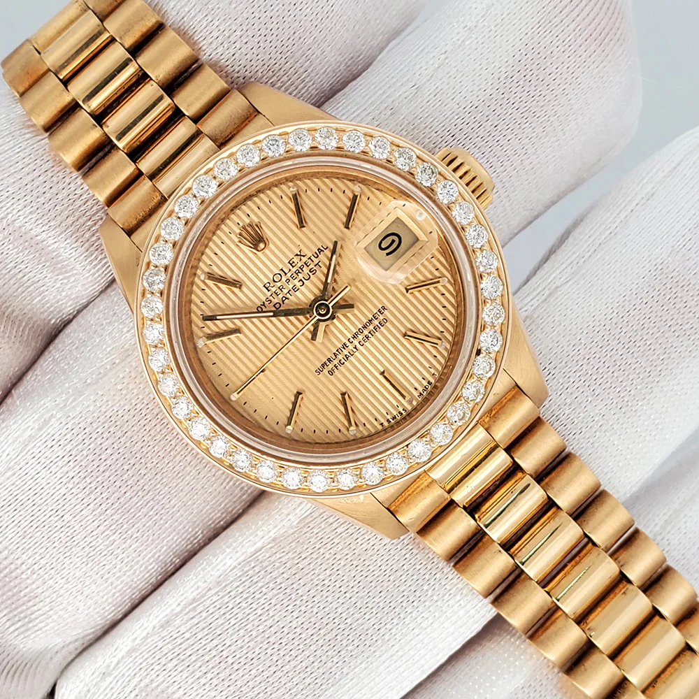 Rolex President 26mm Diamond Bezel/Champagne Tapestry Dial Yellow Gold Watch 69178 - Image 2