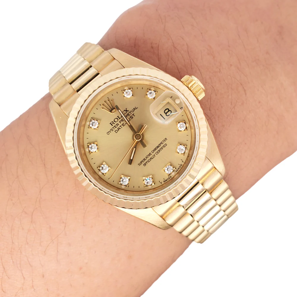 Rolex President 26mm Factory Champagne Diamond Dial Yellow Gold Watch 69178 - Image 2
