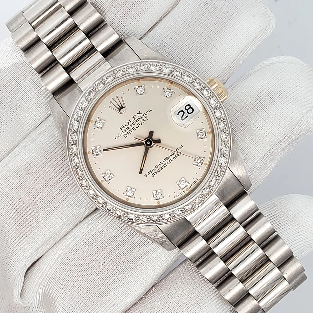 Rolex President 31mm Factory Silver Diamond Dial White Gold Watch 68279