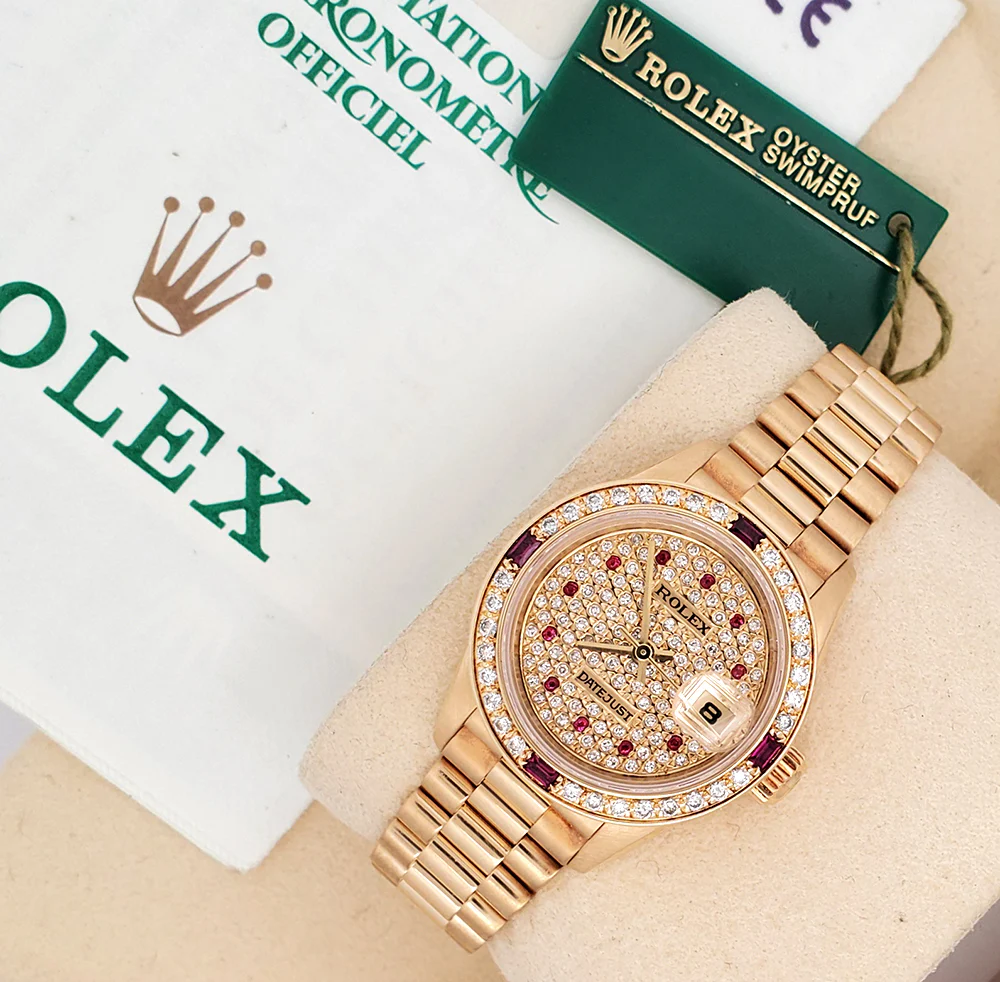 Rolex President Datejust 26mm Custom Diamond Bezel/Pave Ruby Dial Yellow Gold Watch 69178 Box Papers