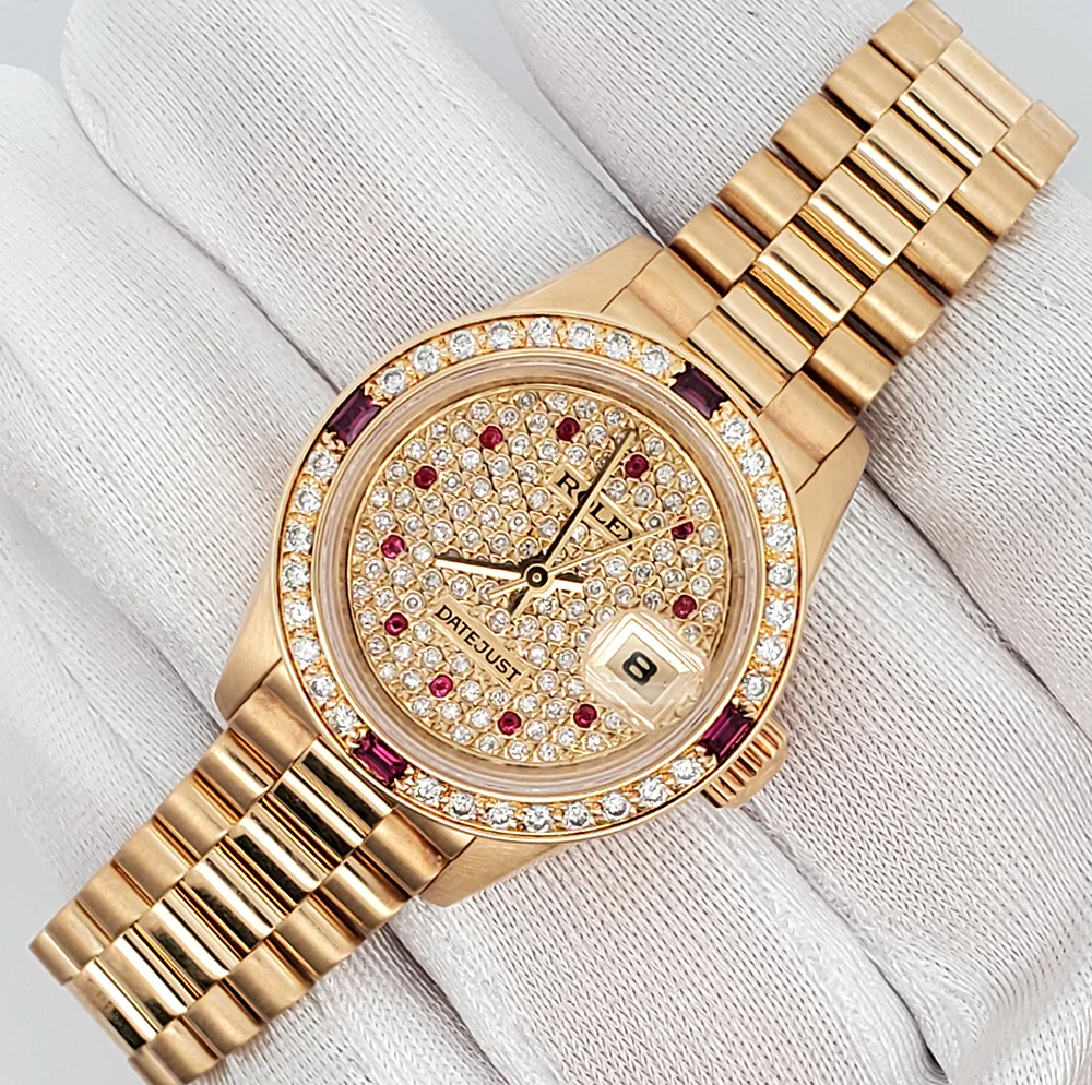 Rolex President Datejust 26mm Custom Diamond Bezel/Pave Ruby Dial Yellow Gold Watch 69178 Box Papers - Image 2
