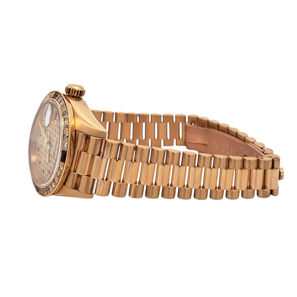 Rolex President Datejust 26mm Custom Diamond Bezel/Pave Ruby Dial Yellow Gold Watch 69178 Box Papers - Image 3