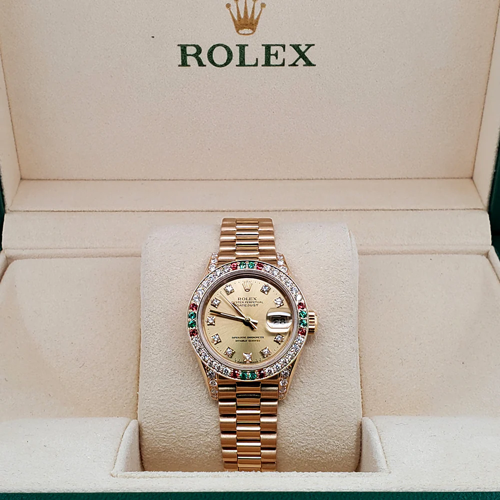 Rolex President Datejust 26mm Diamond Ruby Emerald Bezel/Lugs/Factory Dial Yellow Gold Watch - Image 2