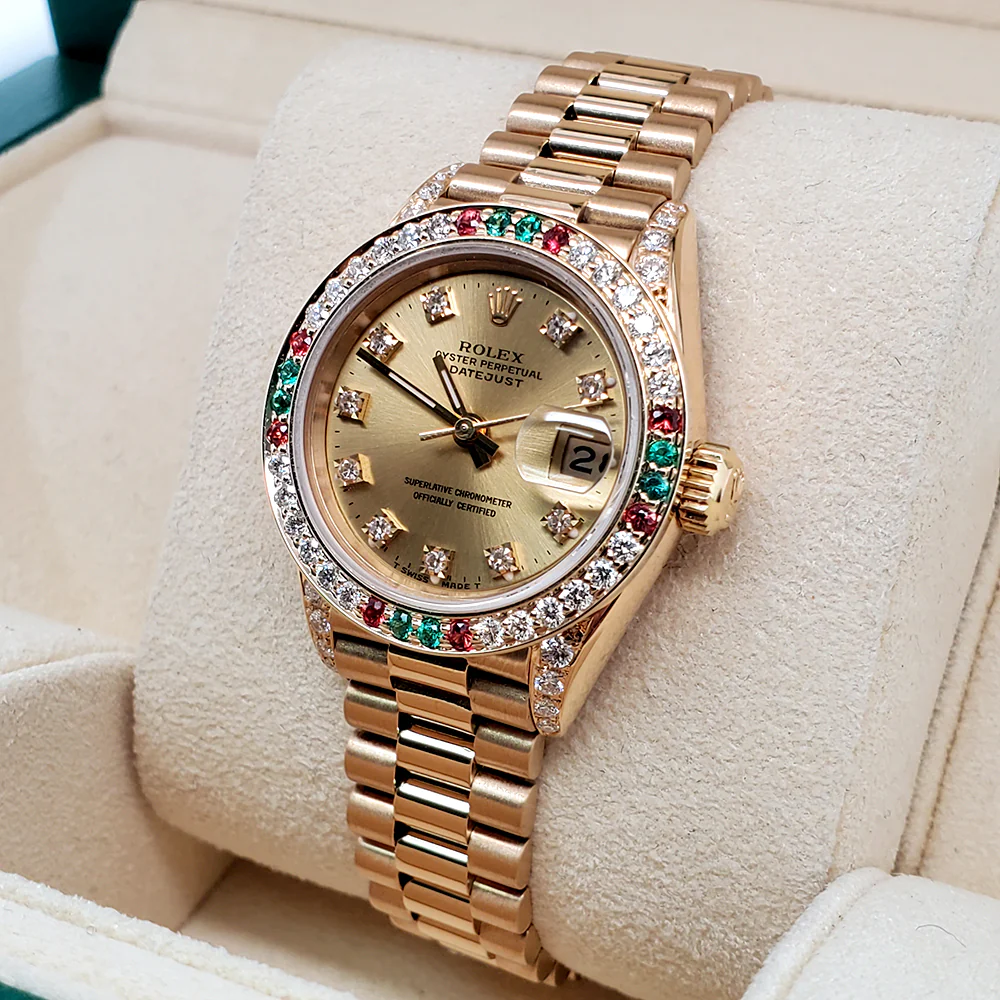 Rolex President Datejust 26mm Diamond Ruby Emerald Bezel/Lugs/Factory Dial Yellow Gold Watch - Image 3