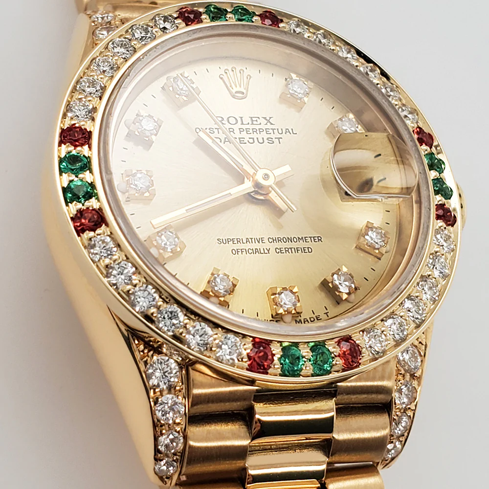 Rolex President Datejust 26mm Diamond Ruby Emerald Bezel/Lugs/Factory Dial Yellow Gold Watch - Image 4
