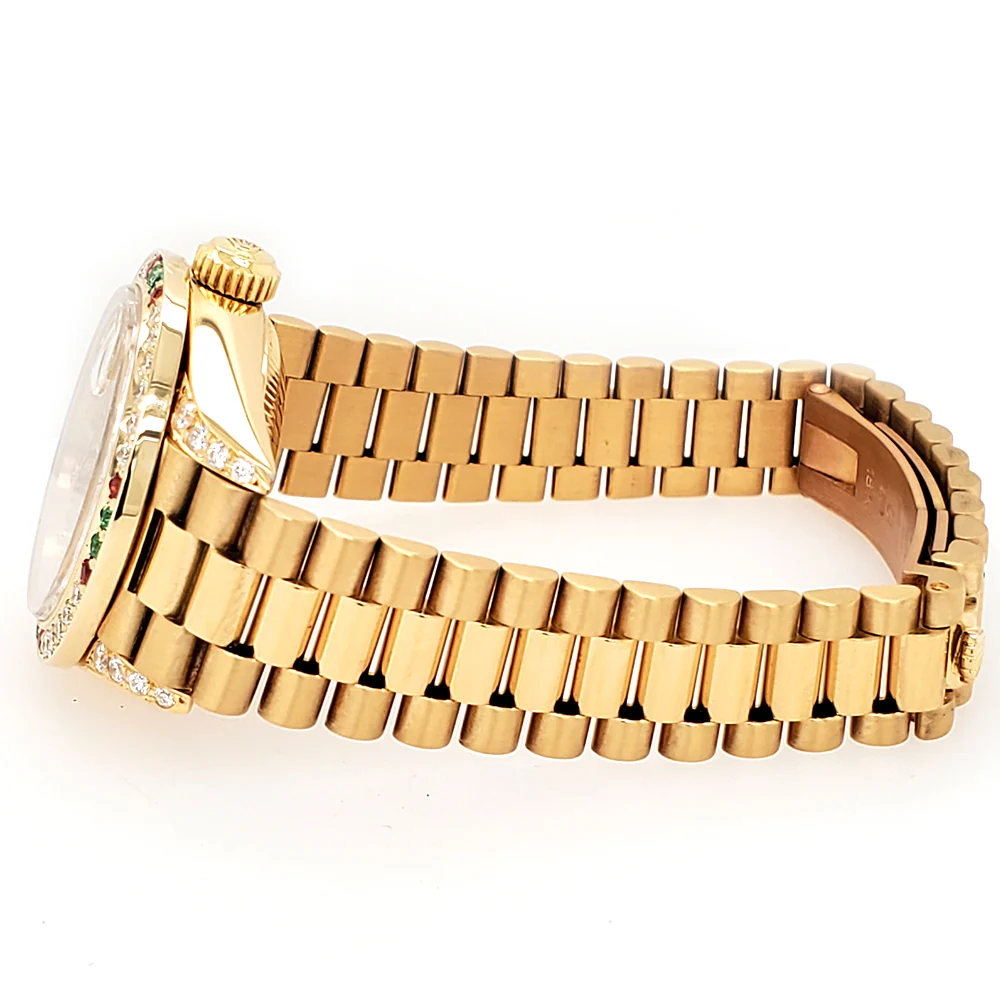 Rolex President Datejust 26mm Diamond Ruby Emerald Bezel/Lugs/Factory Dial Yellow Gold Watch - Image 5