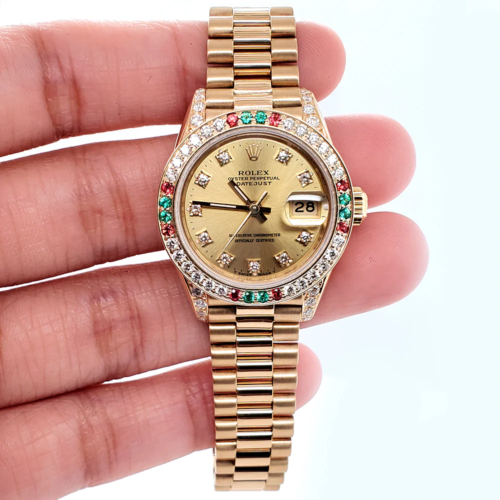 Rolex President Datejust 26mm Diamond Ruby Emerald Bezel/Lugs/Factory Dial Yellow Gold Watch - Image 8
