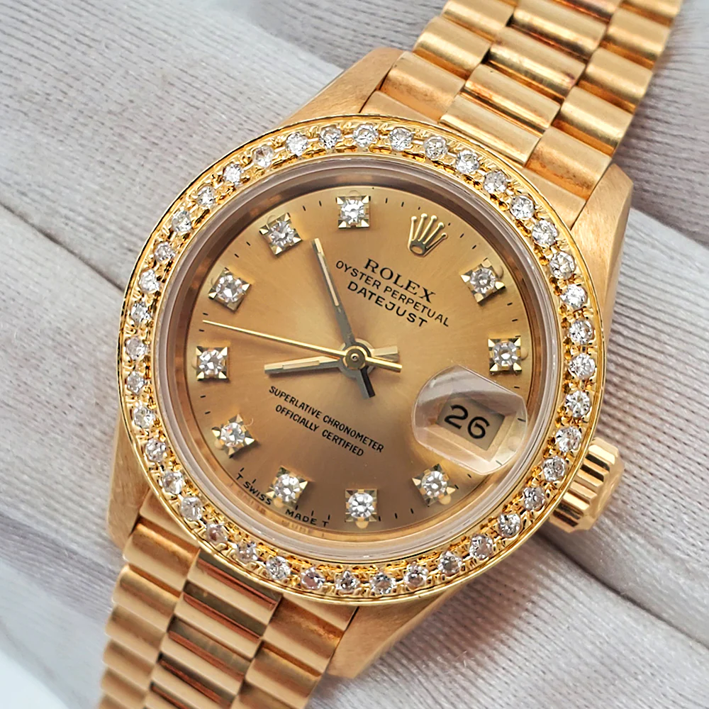 Rolex President Datejust 26mm Factory Champagne Diamond Dial Yellow Gold Watch 69178 - Image 3