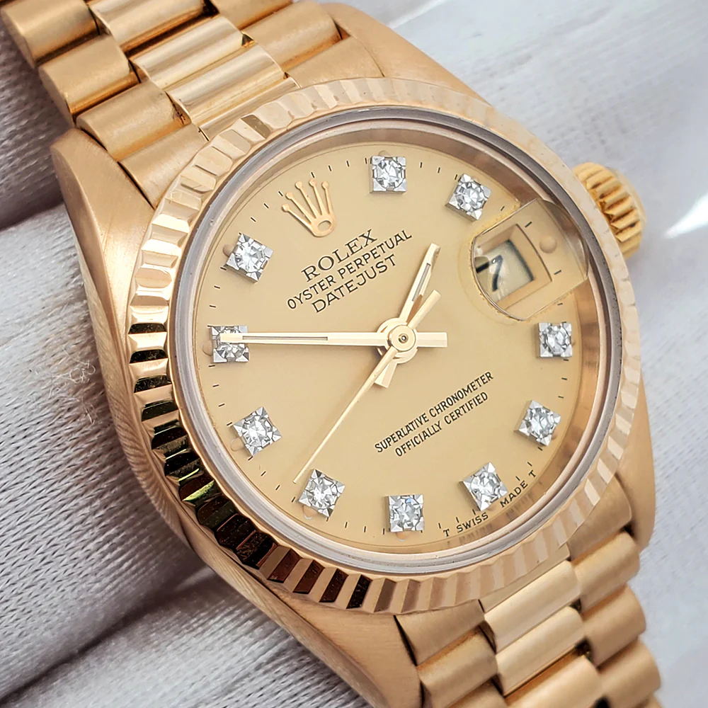 Rolex President Datejust 26mm Factory Champagne Diamond Dial Yellow Gold Watch 69178 Box Papers - Image 3