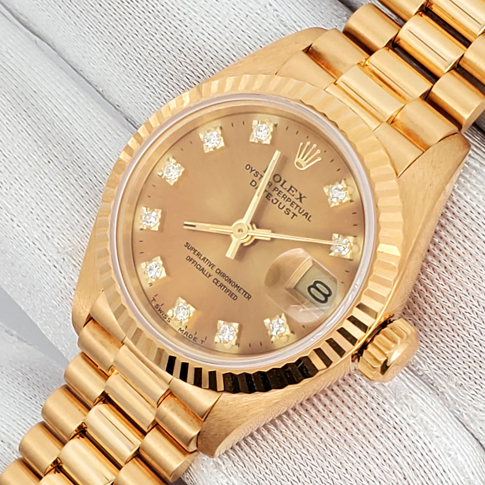 Rolex President Datejust 26mm Factory Champagne Diamond Dial Yellow Gold Watch 69178