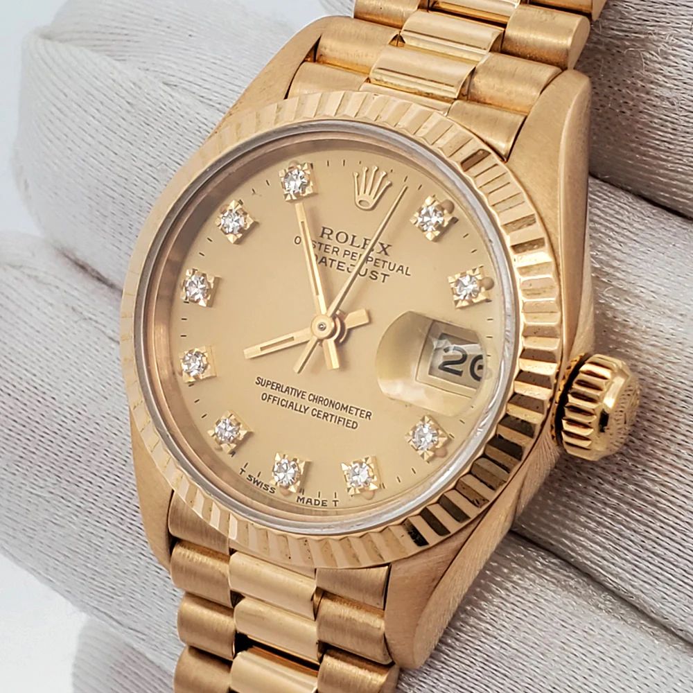Rolex President Datejust 26mm Factory Diamond Yellow Gold Ladies Watch 69178 Box Papers - Image 2