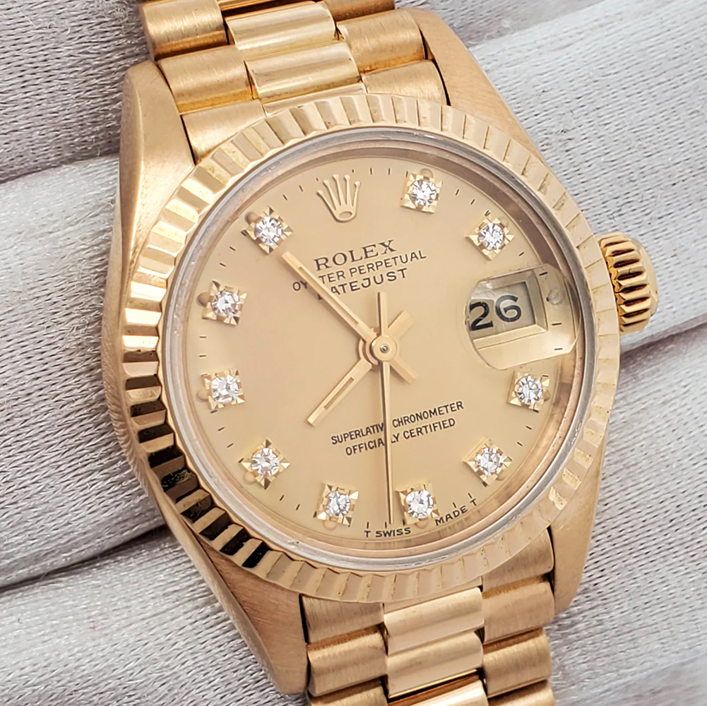 Rolex President Datejust 26mm Factory Diamond Yellow Gold Ladies Watch 69178 Box Papers - Image 3