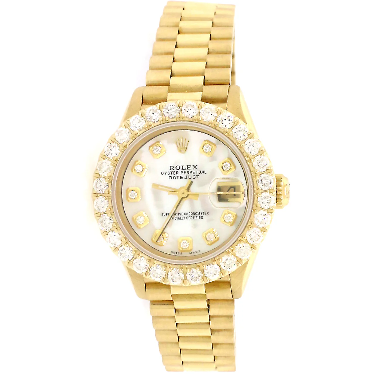 Rolex President Datejust 26mm Yellow Gold Watch with 2CT Diamond Bezel/White MOP Diamond Dial