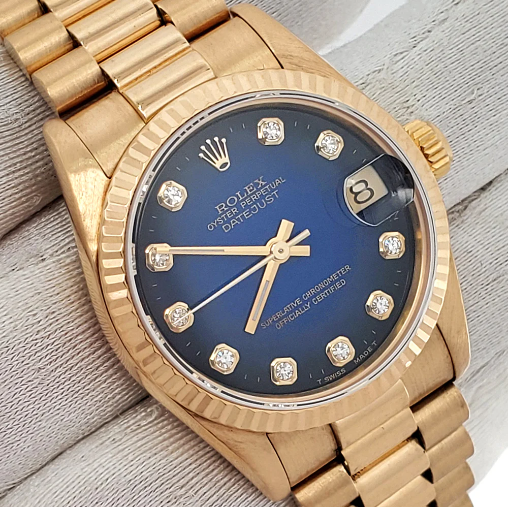 Rolex President Datejust 31mm 68278 Factory Blue Vignette Diamond Dial Yellow Gold Watch - Image 3