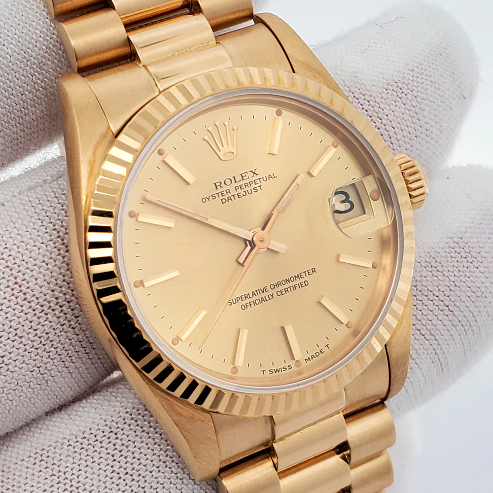 Rolex President Datejust 31mm Champagne Index Dial Fluted Yellow Gold Watch 68278 - Image 2