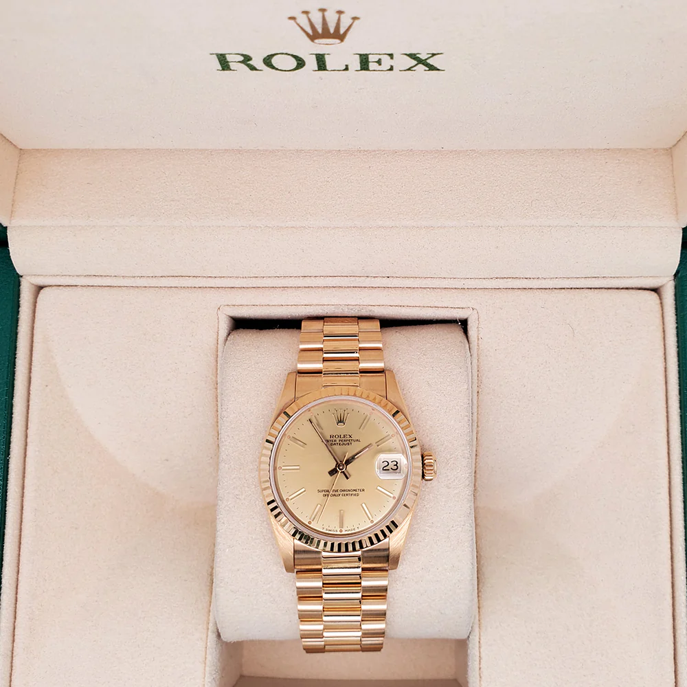 Rolex President Datejust 31mm Champagne Index Dial Fluted Yellow Gold Watch 68278 - Image 3