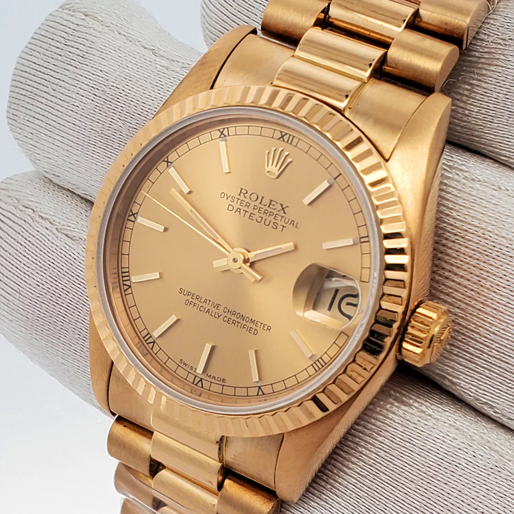 Rolex President Datejust 31mm Champagne Stick Dial Yellow Gold Watch 68278 Box Papers
